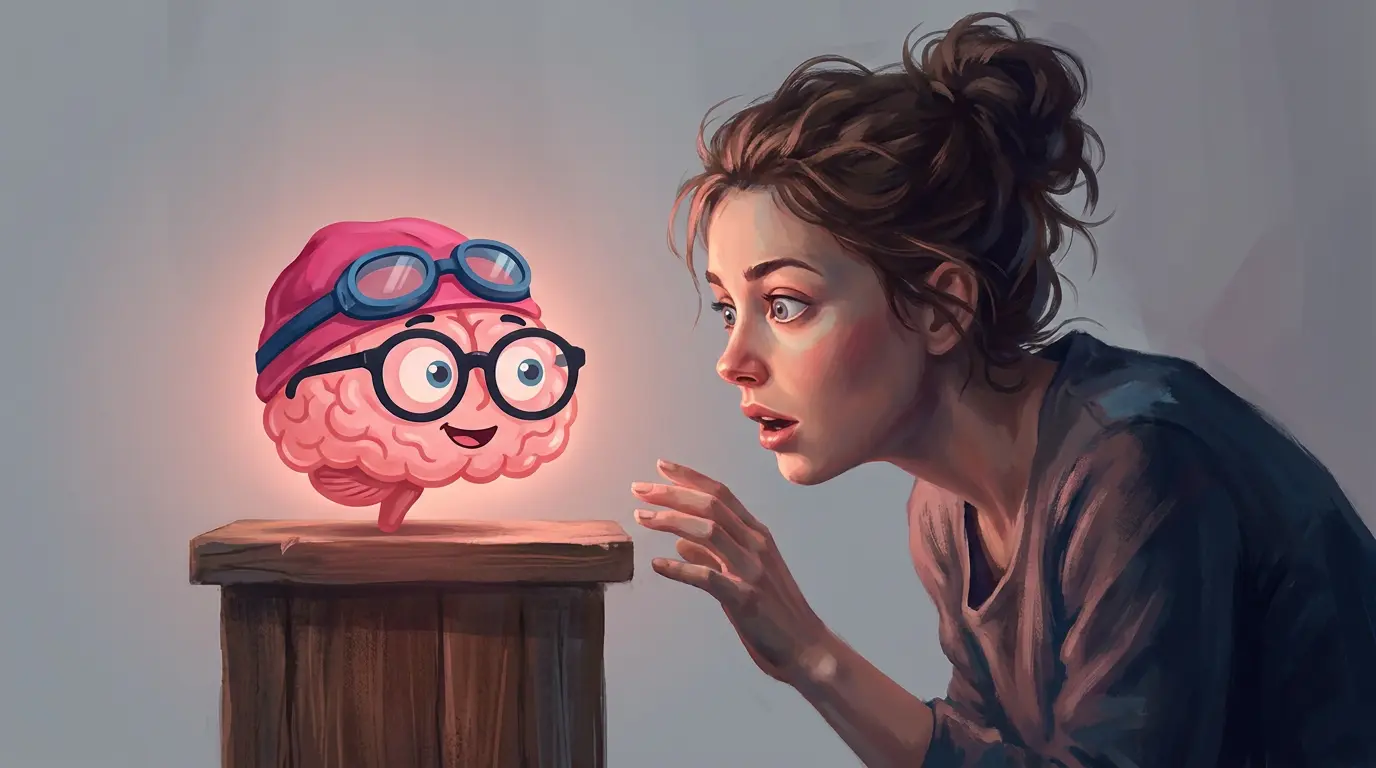 Illustrated portrait of a woman with curly red hair and glasses pushed up, looking thoughtful