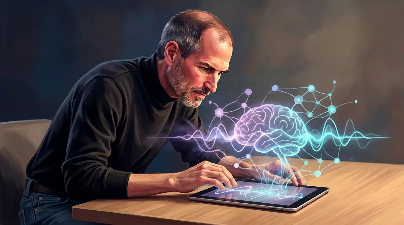 Illustrated portrait of a man deep in thought with a glowing brain network overlay