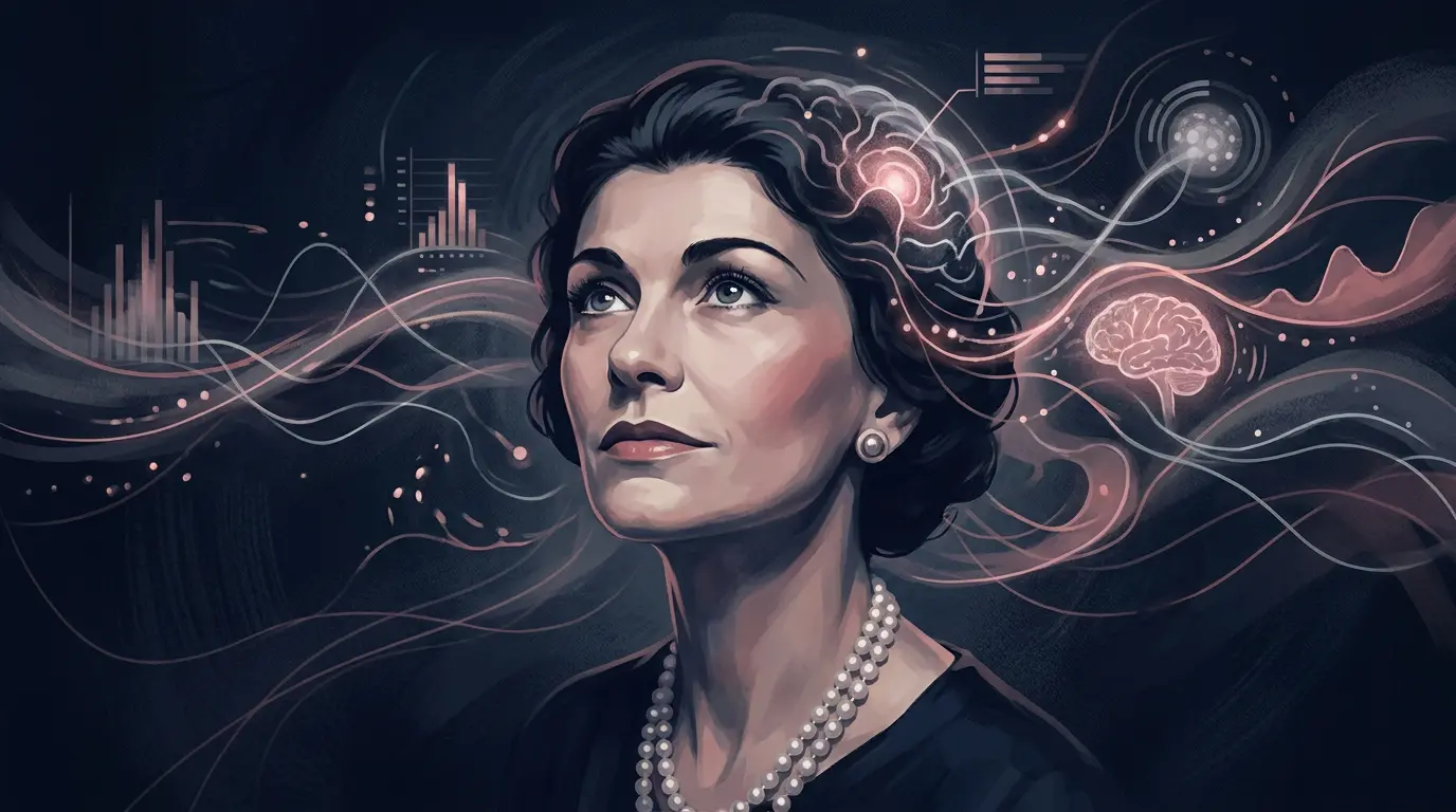 Woman's face with a swirling teal brain graphic overlay, representing deep thinking