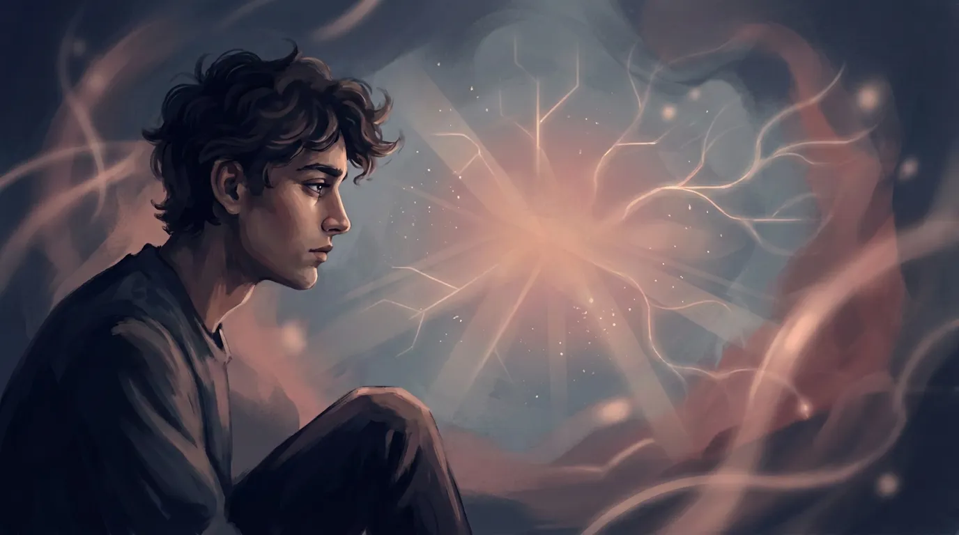 Illustration of a young man gazing at a burst of light and branching neural pathways, representing an ADHD self-assessment test