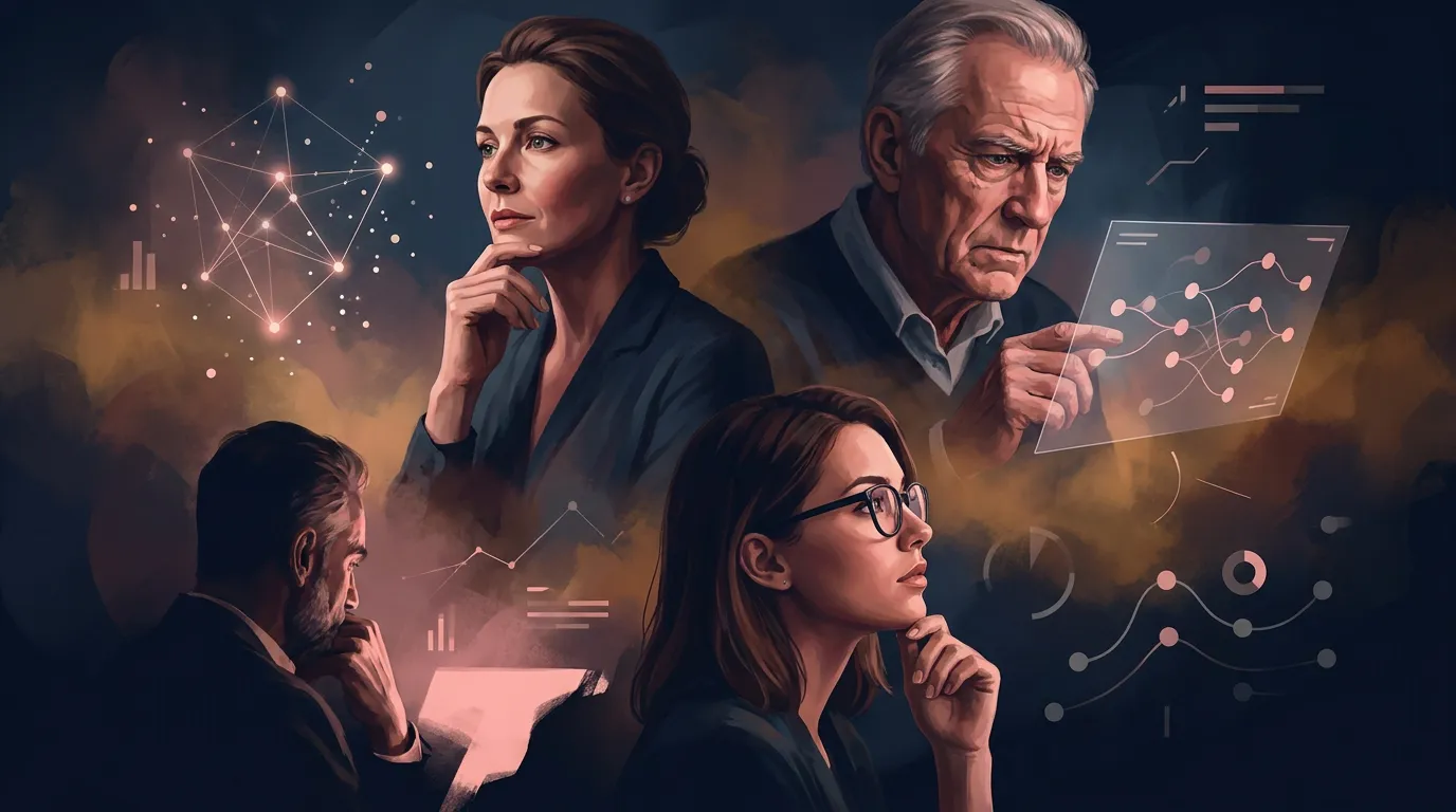 Older woman and man in business attire looking serious