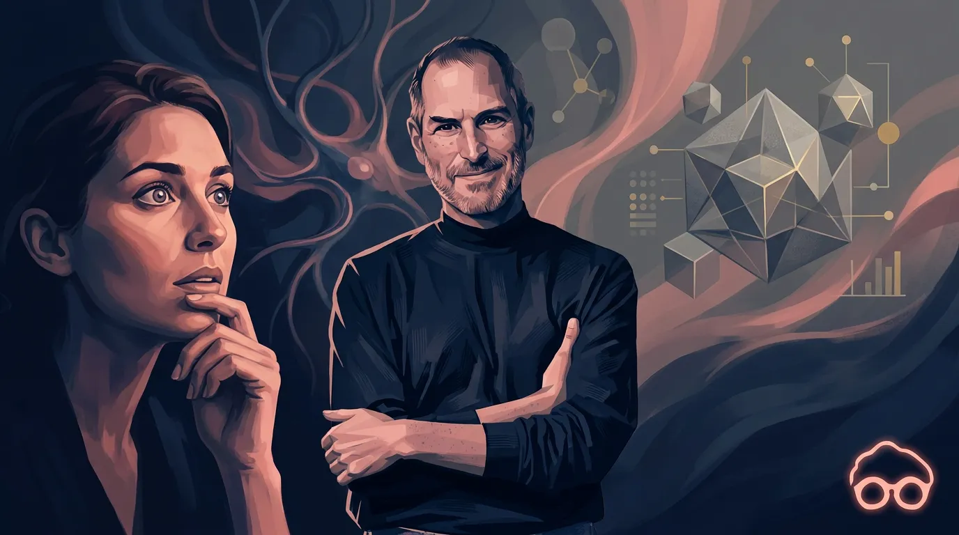 Illustrated portrait of a man in black, styled like a classic tech founder