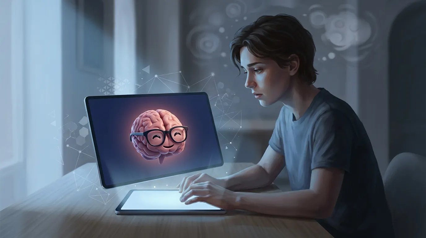 Woman working on a laptop with a glowing brain graphic overlay