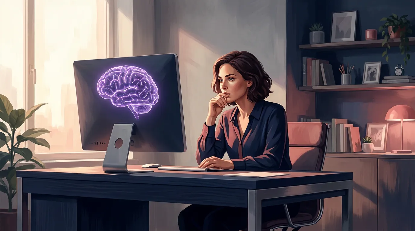 Woman looking thoughtfully at a glowing brain illustration on her computer screen, representing ADHD symptoms in women