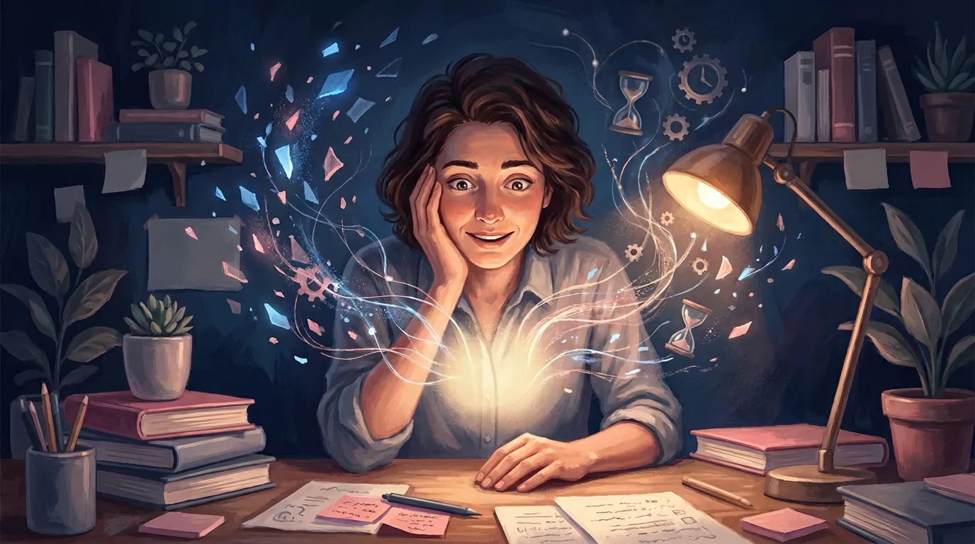 Illustration of a woman surrounded by swirling light, clock symbols, and creative sparks, representing signs of ADHD in adults